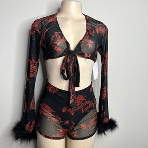 Black and Red Sheer Dragon Print Set